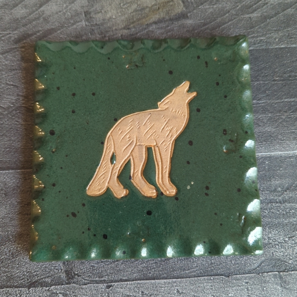 Howling Wolf Coater/tile From Collection Circle Nature Collection Pottery Green